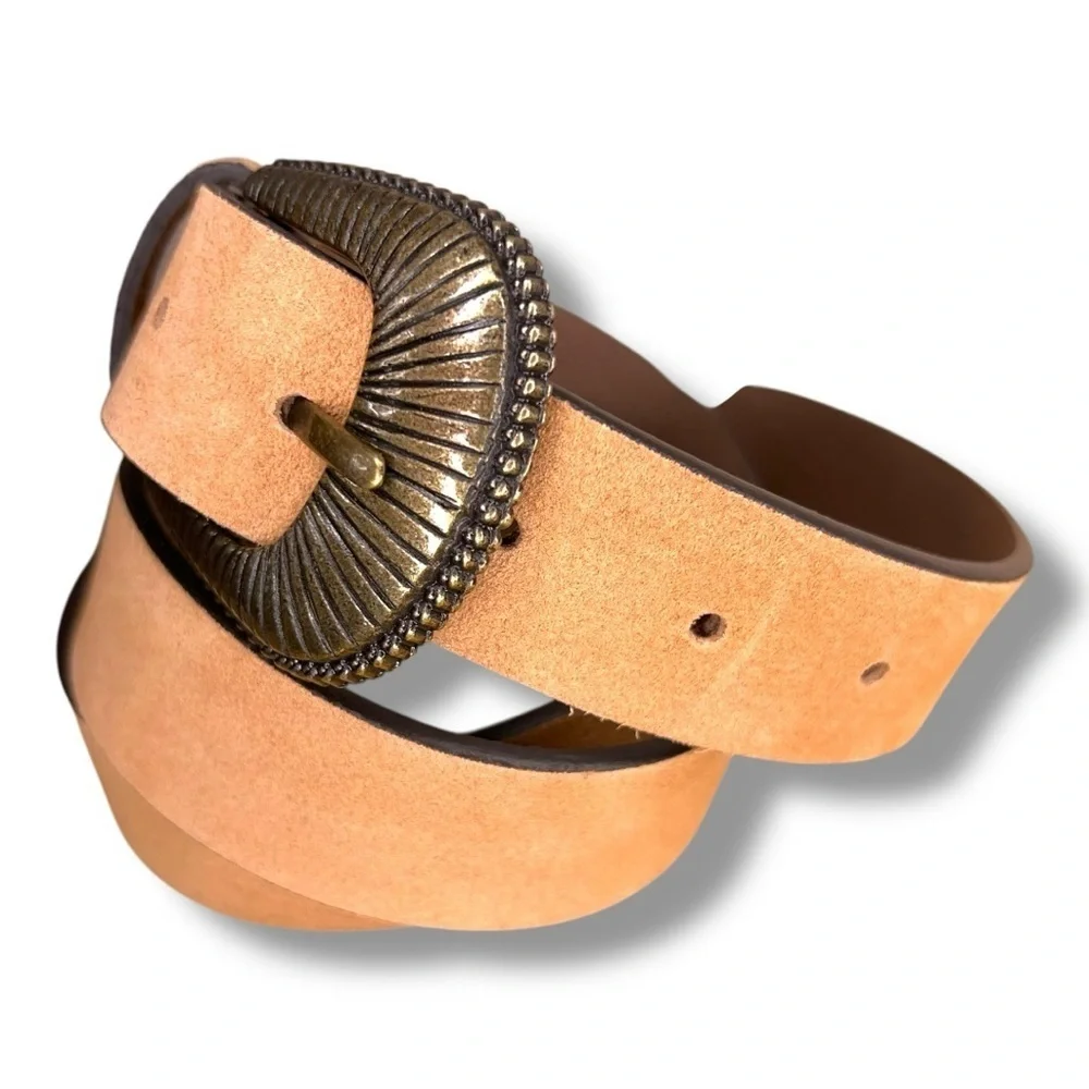 2XL Women’s Tan Brown Lether Belt Neutral Bronze Look Buckle Boho Western